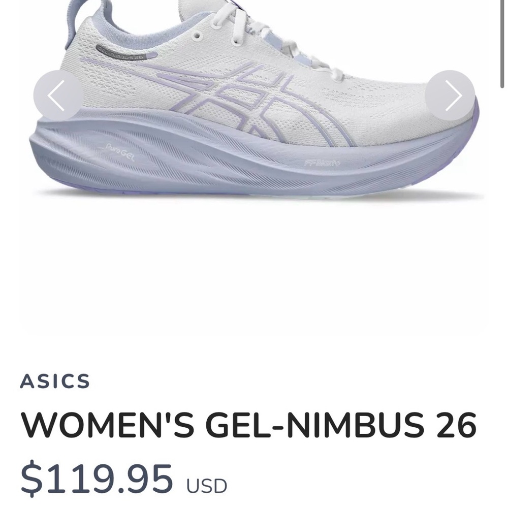 ASICS Women's Gel-Nimbus 26 - White and Light Purple size 8.5